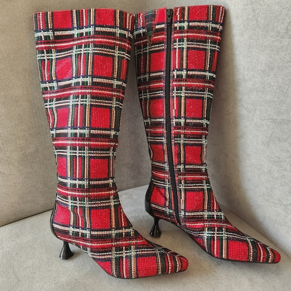 Alex Marie dress boots 7 red plaid OzaraTwo knee high kitten pointy new $190 - Picture 5 of 17